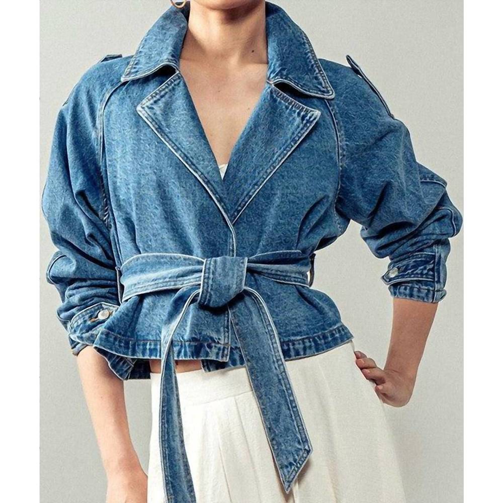 Denim Trench Coat with Waist Tie - Blue